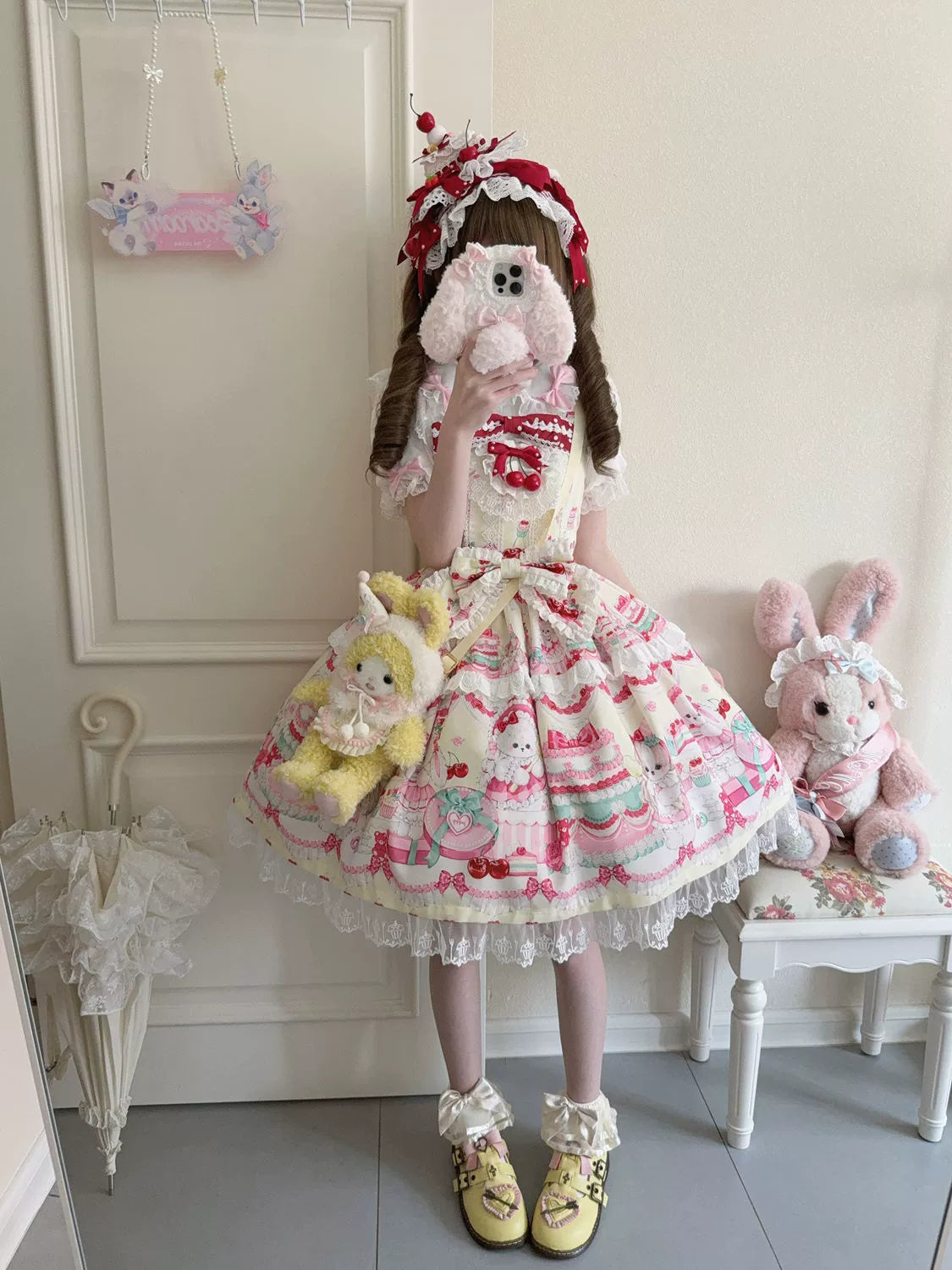 Hanguliang - Cherry Bake Song - Kawaii Lolita JSK Dress With Dessert Print & Cherry Bow