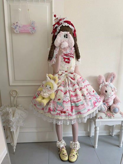 Hanguliang - Cherry Bake Song - Kawaii Lolita JSK Dress With Dessert Print & Cherry Bow