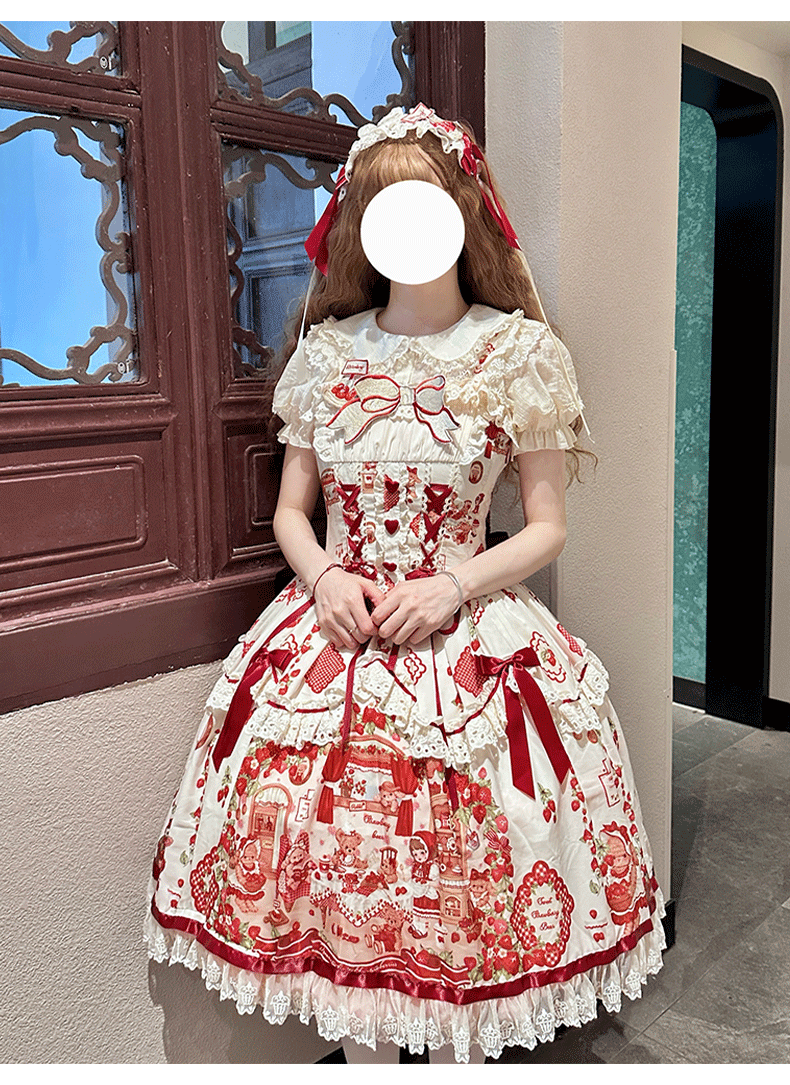 ZhiJinYuan - Strawberry Bear - Sweet Lolita Jumper Dress, Strawberry Bear Prints