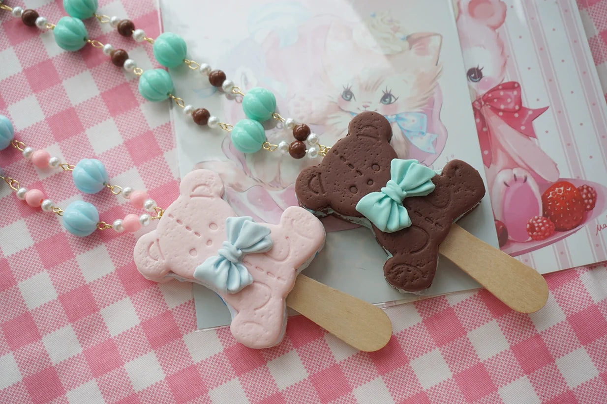 Cat Tea Party - Kawaii Lolita Necklace Bear Biscuit Ice Cream Handmade Clay Necklace