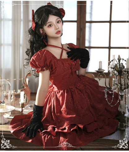 Eieyom - Elegant Lolita Short Sleeve Red Dress