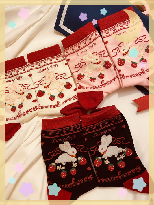 Yukines Box - Kawaii Lolita Strawberry Bunny Print Socks