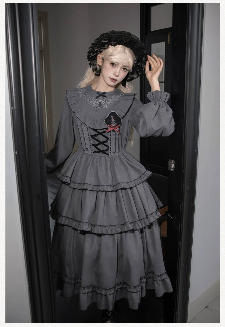 With PUJI - Castle Night - Gothic Twins Lolita OP Three-tiered Embroidery Dress