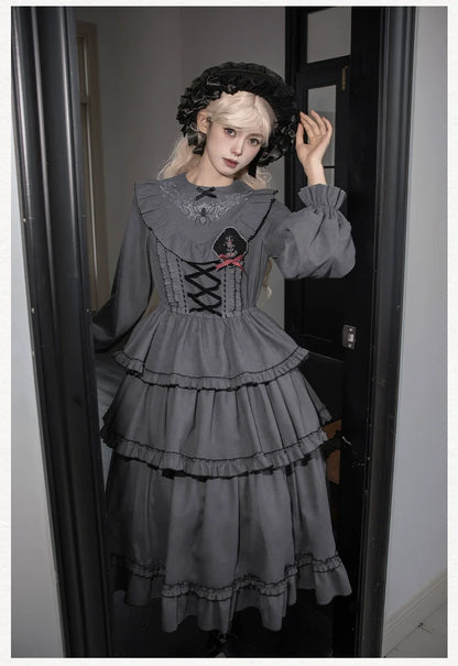 With PUJI - Castle Night - Gothic Twins Lolita OP Three-tiered Embroidery Dress