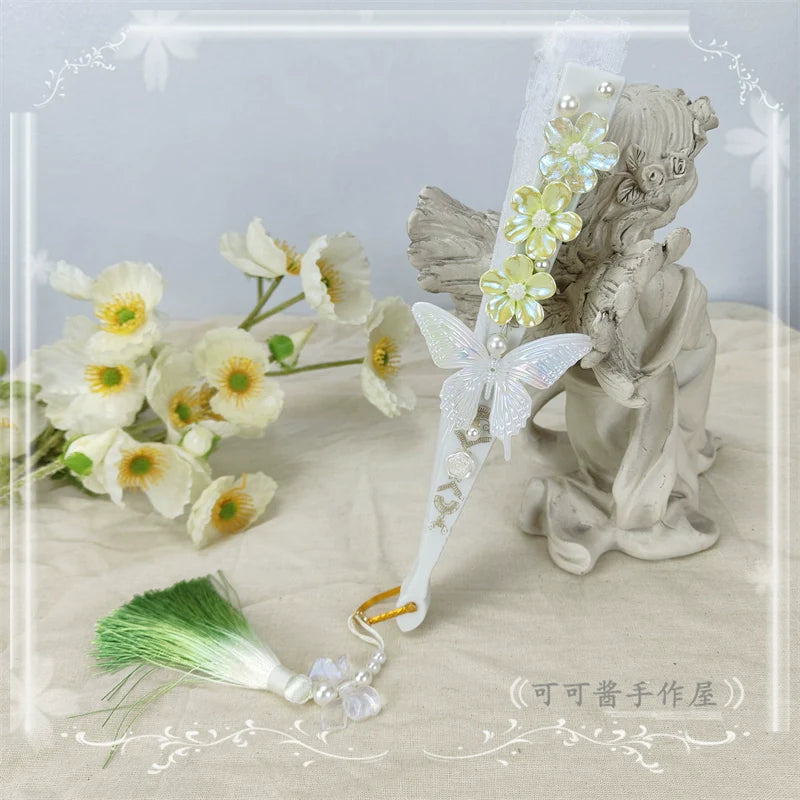 Cocoa Jam - Han Lolita Fan Decorative Folding Fan with Butterfly and Flowers Tassel