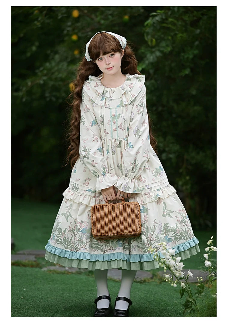 With PUJI - Oriole Time - Country Lolita JSK and OP Dress, Floral and Bird Print