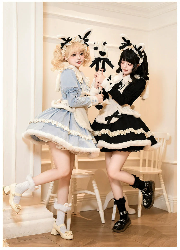 With PUJI - Rabbit&Alice - Sweet Twin Lolita OP Dress Doll Apron Dress Set