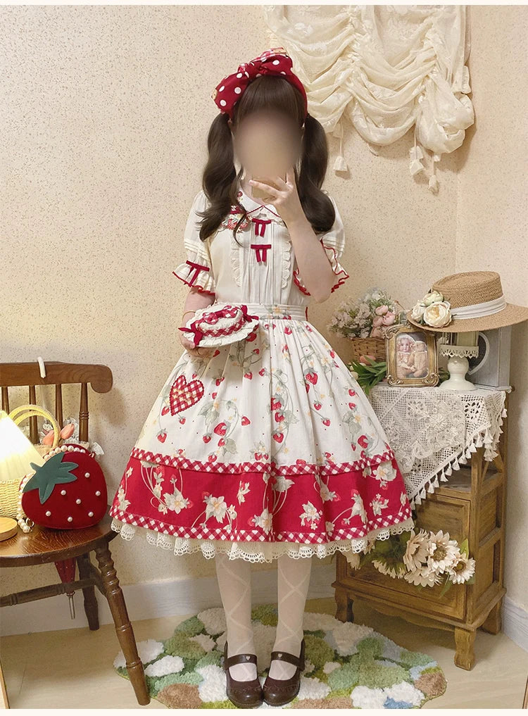 Piggy Bun - Sweet Lolita Shirt Strawberry Embroidery Ivory Blouse