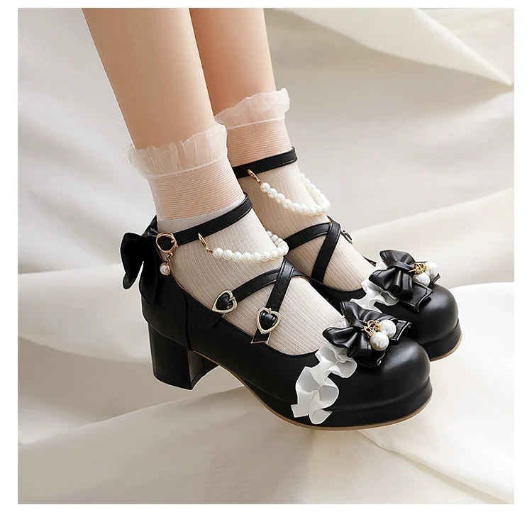 Yana - Round Toe Sweet Lolita Shoes, Detachable Pearl Chain