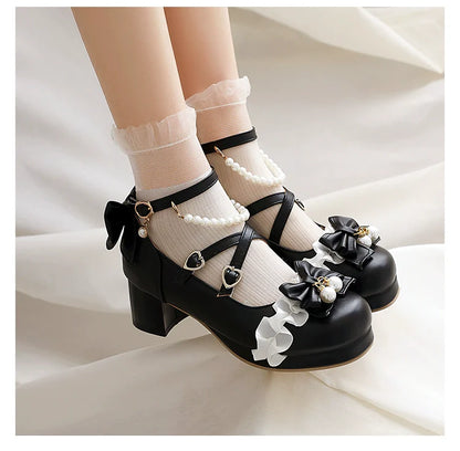 Yana - Round Toe Sweet Lolita Shoes, Detachable Pearl Chain