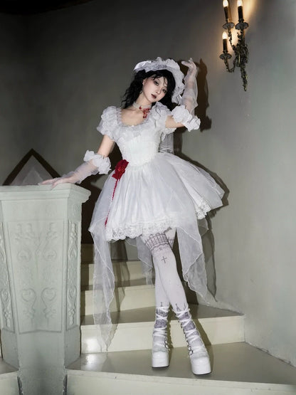 With PUJI - Dawn's Last Light - Castle Printed White Gothic Lolita OP, Two Length Styles