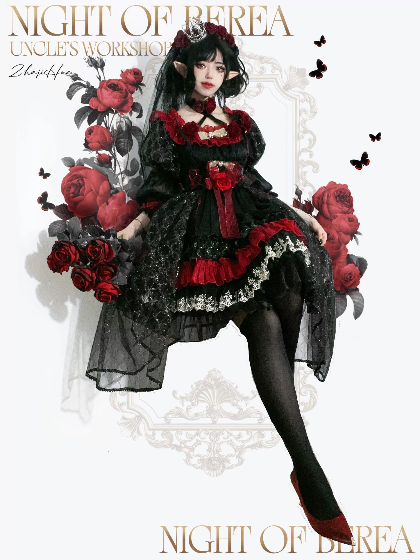 Uncle's Workshop - Night of Berea - Gothic Lolita OP Black and Red Lolita Dress