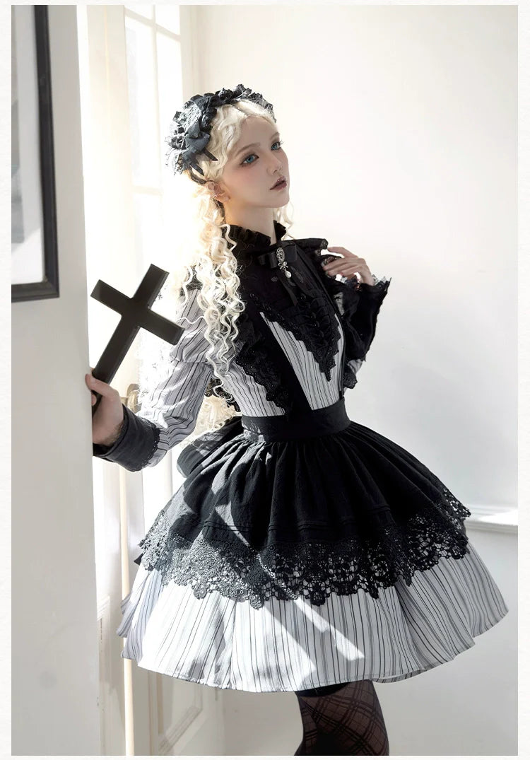With PUJI - Nocturne SP - Striped Gothic Lolita OP Twin Lolita Dress with Apron