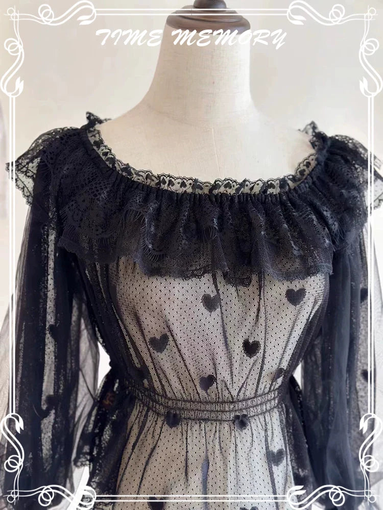 Time Memory - Layered Heart - Sheer Classic Shirt with Mutton Sleeves & Polka Dot