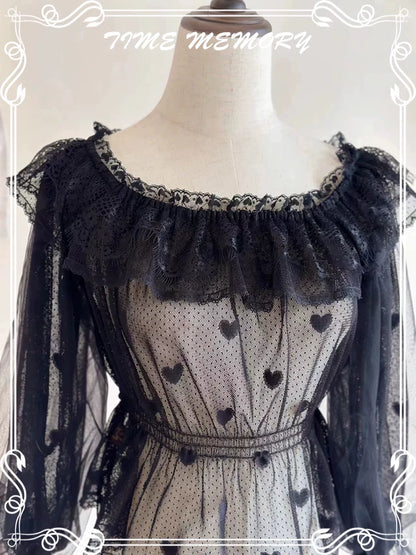 Time Memory - Layered Heart - Sheer Classic Shirt with Mutton Sleeves & Polka Dot