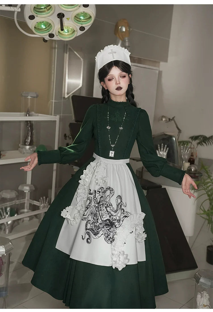 With PUJI - Letter and Poetry ﾂｷ Abyss Clinic - Gothic Lolita Green Dress Set