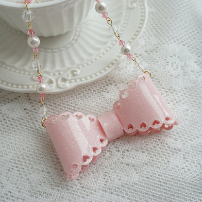 Cat Tea Party - Handmade Sweet Lolita Beaded Bow Necklace