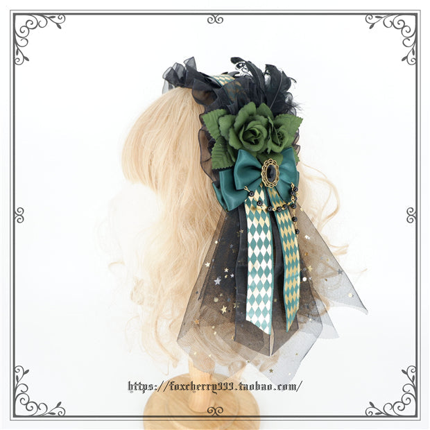 Fox Cherry - Green Lattice Rabbit Ear Bow Lolita Hat Headdress