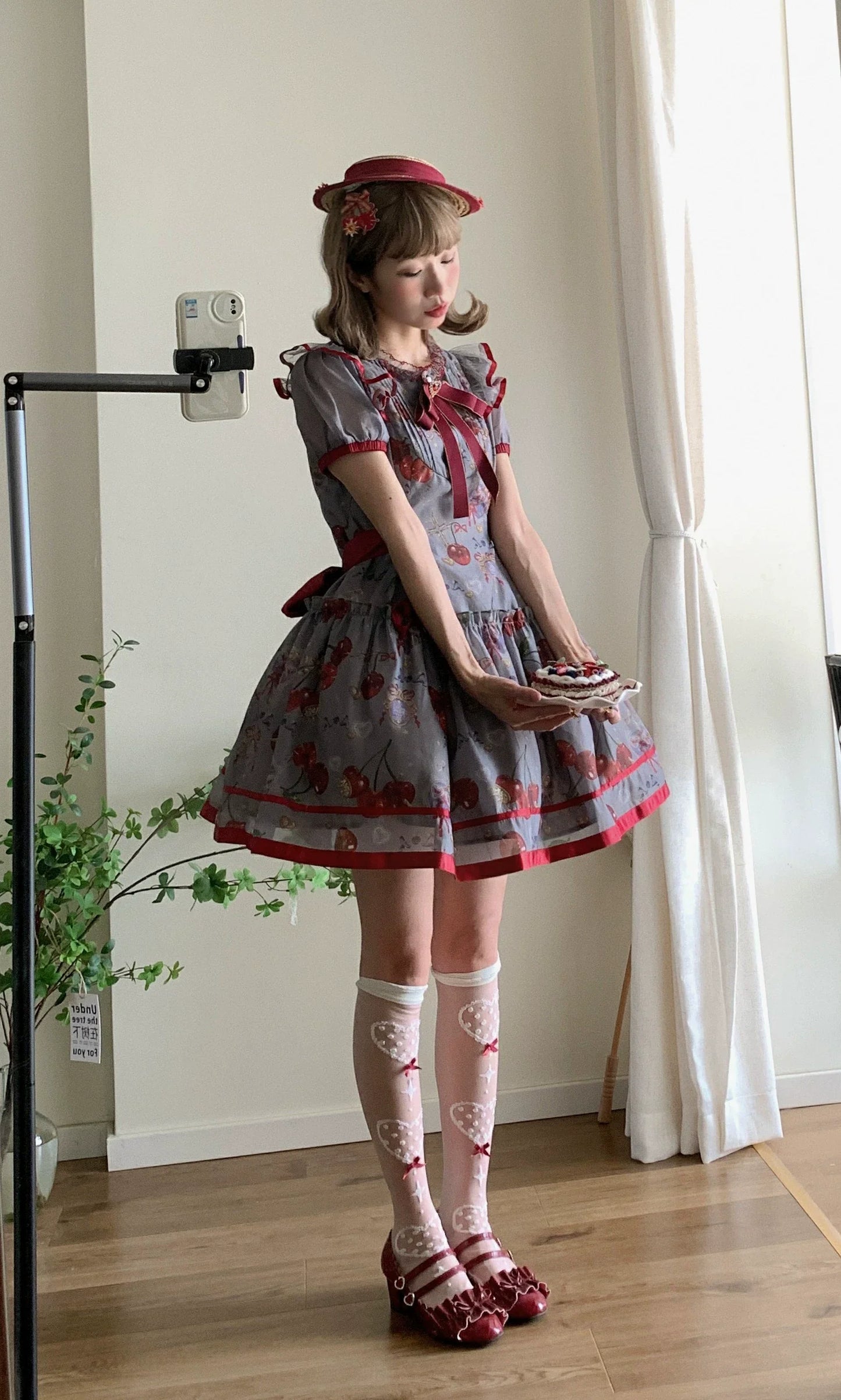 Gloaming - Sweet Lolita Cherry print Short Sleeve OP and SK Set