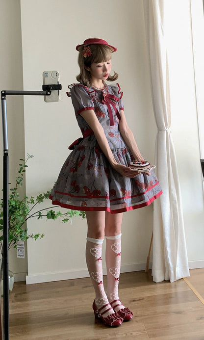 Gloaming - Sweet Lolita Cherry print Short Sleeve OP and SK Set