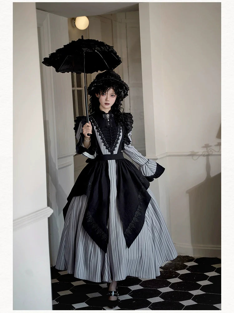 With PUJI - Nocturne SP - Striped Gothic Lolita OP Twin Lolita Dress with Apron