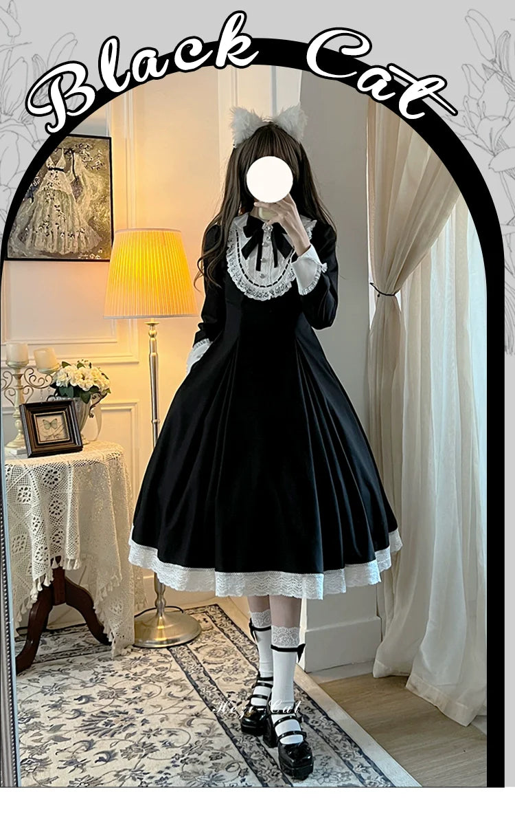 Hezi's Cat Haven - Black Cat Butler - Maid Lolita OP Dress Elegant Black and White Dress