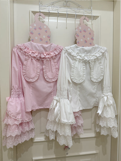 Hanguliang - Cross Heart Knot - Sweet Lolita JSK Suit Tiered Ruffles Dress with Lace Blouse