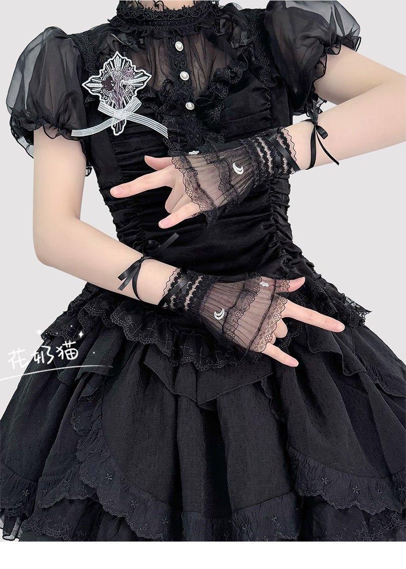 Hua Nai Cat - Star and Moon - Bridal Lolita Cuffs White and Black Ballet Style Lace Cuffs