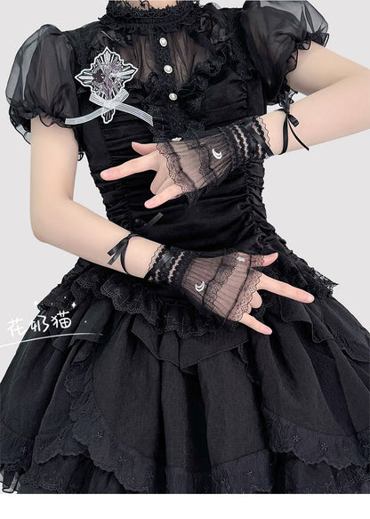Hua Nai Cat - Star and Moon - Bridal Lolita Cuffs White and Black Ballet Style Lace Cuffs