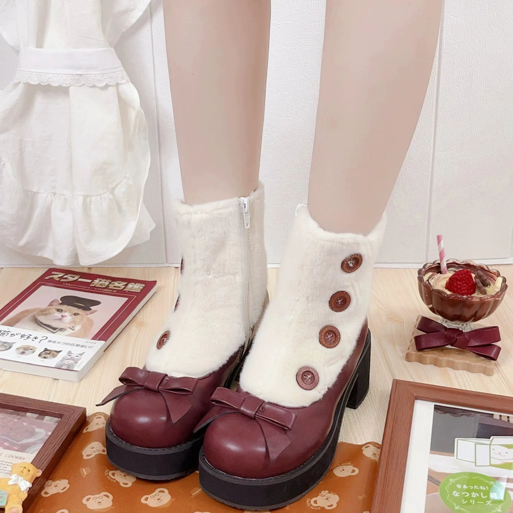 Dolly Doll - Winter Lolita Boots Fur Mary Jane Lolita Low Heel Shoes