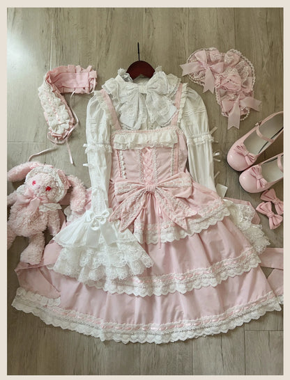 TaTaTa Lolita - Otome Heart - Cotton Old School Lolita JSK Dress Suit, Heart-Shaped Lace Trim