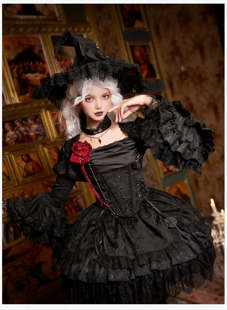 With PUJI - Letter and Poetry ﾂｷ Twilight - Black Gothic Lolita Skirt Set, Witch-Inspired