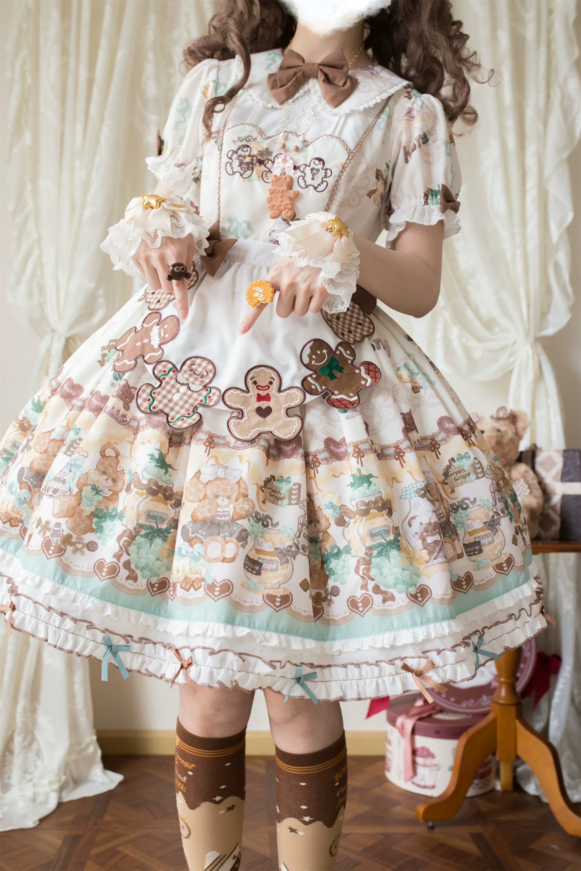Babyblue - Little Bear Honey Jar - Kawaii Lolita Short Sleeve OP Gingerbread Man Embroidered Dress