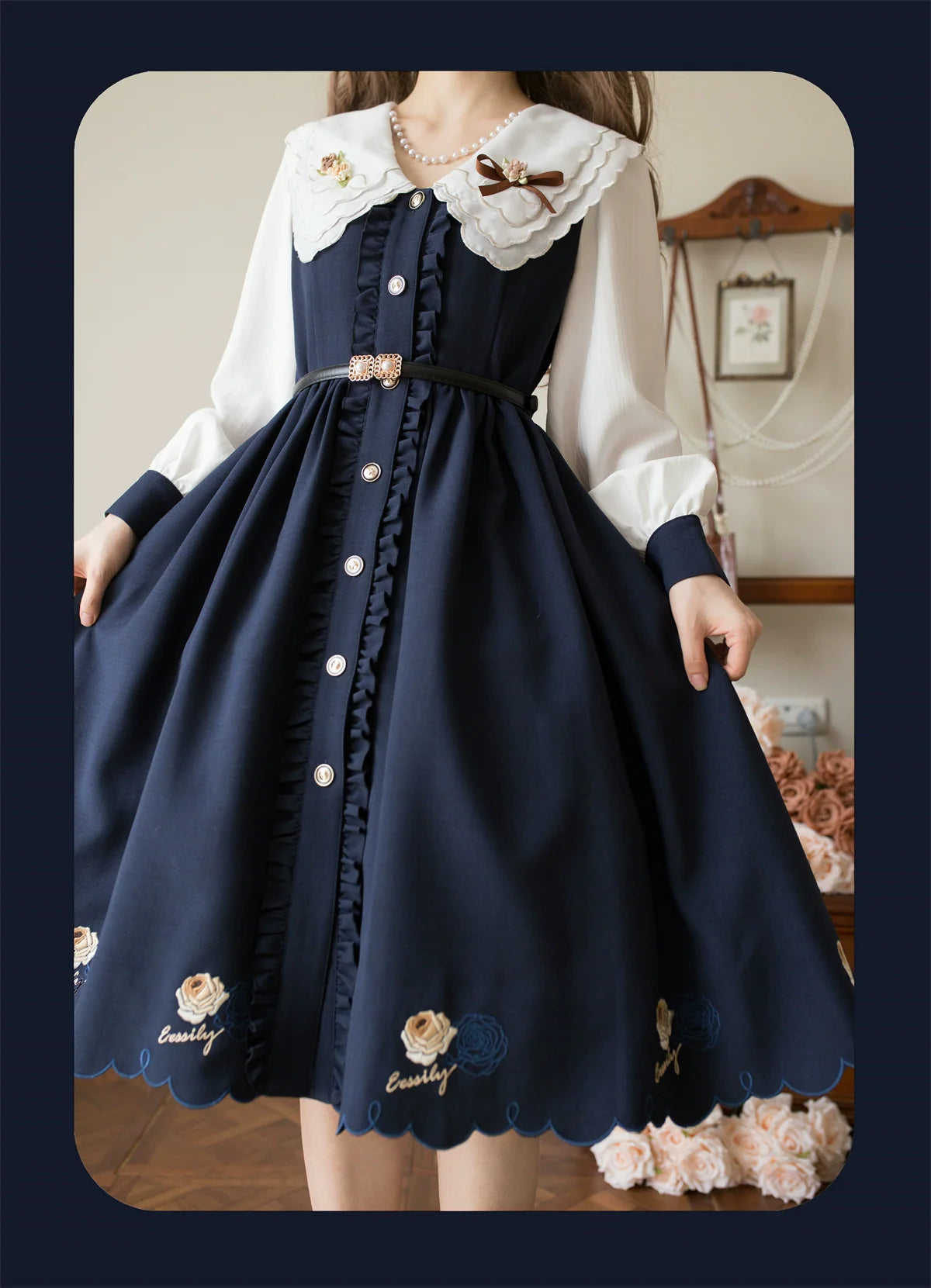 EESSILY - Window Rose - Classic Lolita OP Front Buttoned Embroidery Lolita Dress