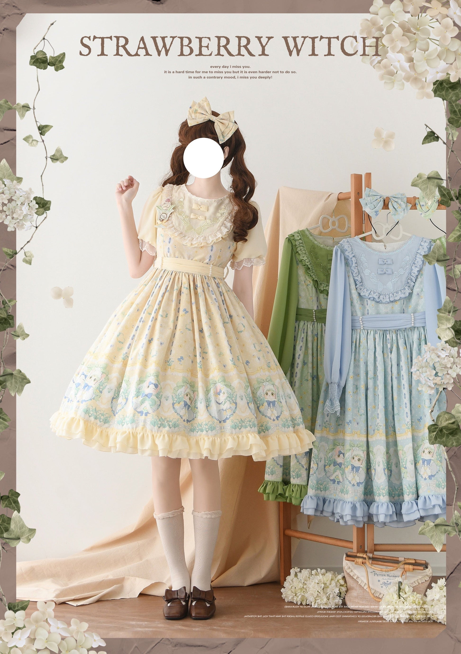 Strawberry Witch - Lily of the Valley Kitten - Country Lolita OP with Embroidery and Cat Print