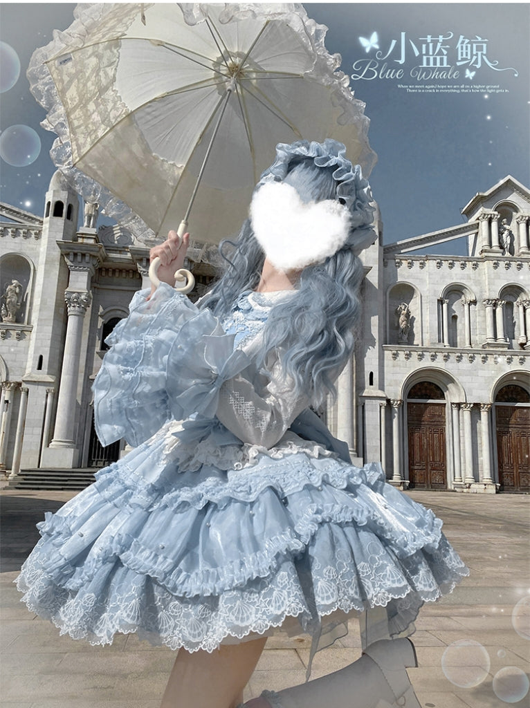 Honey Machine - Blue Whale - Sweet Lolita OP Suit Tiered Ruffle Dress with Shell Lace