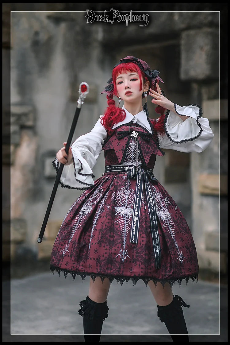 DuskProphecy - Coccyx - Elegant Lolita Dress High Waist Fishbone Print JSK Set