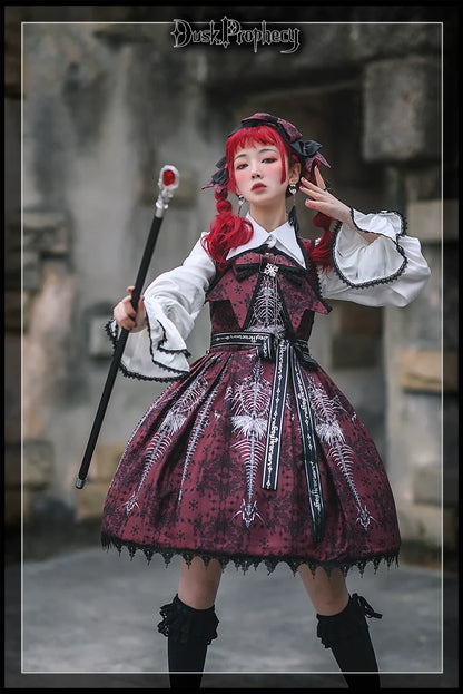 DuskProphecy - Coccyx - Elegant Lolita Dress High Waist Fishbone Print JSK Set