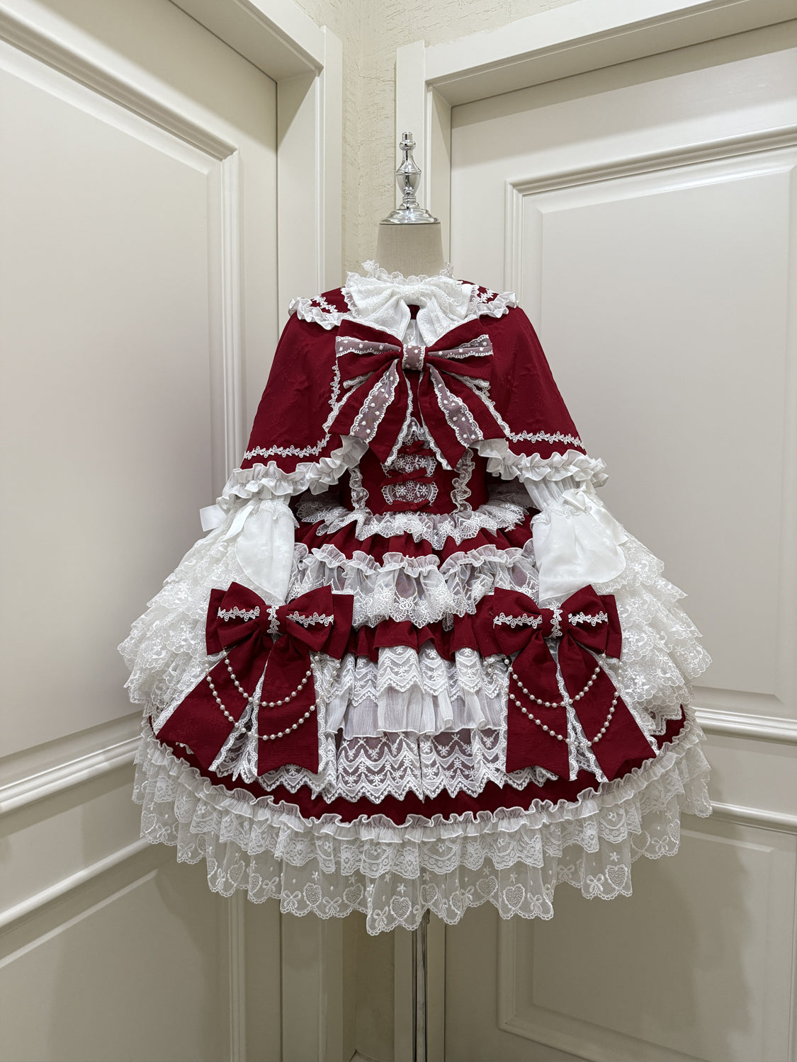 Hanguliang - Cross Heart Knot - Sweet Lolita JSK Suit Tiered Ruffles Dress with Lace Blouse