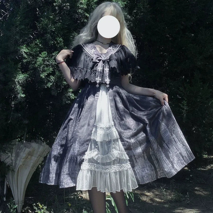 Cornfield Lolita - Silent Church - Gothic Lolita JSK Dress Printed Dress Thin Shawl Set