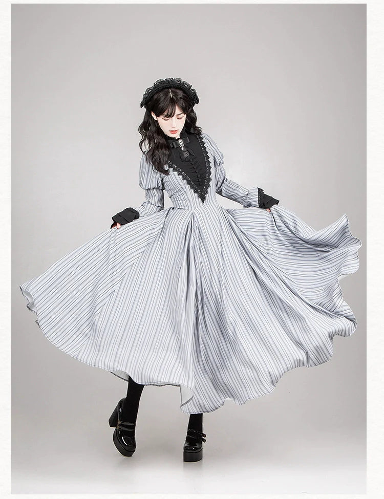With PUJI - Nocturne SP - Striped Gothic Lolita OP Twin Lolita Dress with Apron