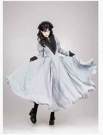 With PUJI - Nocturne SP - Striped Gothic Lolita OP Twin Lolita Dress with Apron