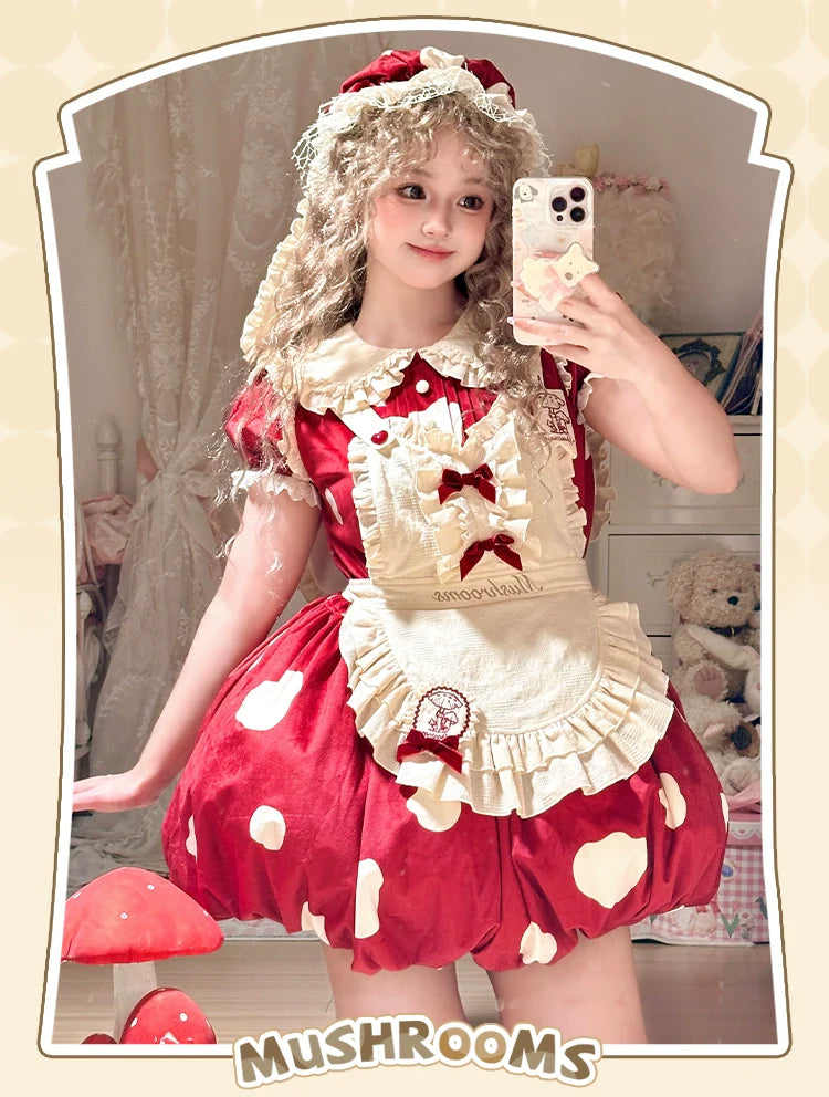 Sakurahime - Mushroom - Kawaii Lolita OP Dress with Apron and Detachable Sleeves