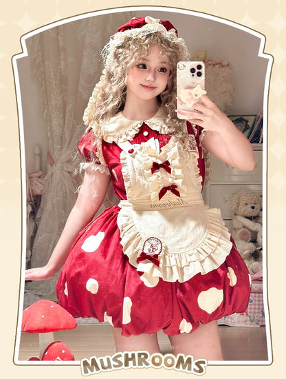 Sakurahime - Mushroom - Kawaii Lolita OP Dress with Apron and Detachable Sleeves