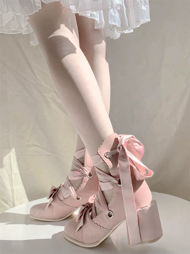 MR.Qiutian - Muse Kiss - Elegant Lolita Shoes Lace-up Bow Heels Round Toe