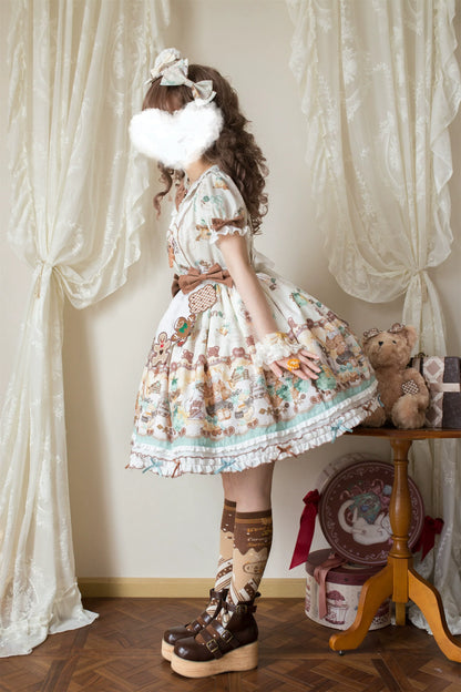 Babyblue - Little Bear Honey Jar - Kawaii Lolita Short Sleeve OP Gingerbread Man Embroidered Dress