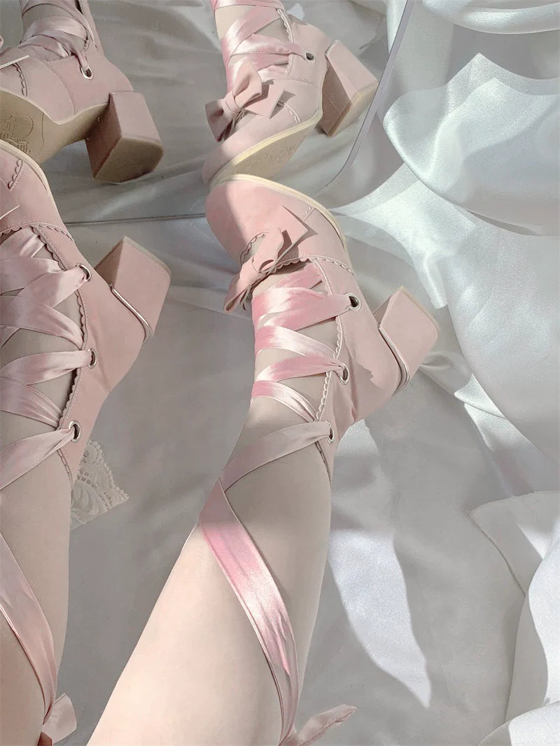 MR.Qiutian - Muse Kiss - Elegant Lolita Shoes Lace-up Bow Heels Round Toe