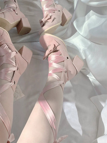 MR.Qiutian - Muse Kiss - Elegant Lolita Shoes Lace-up Bow Heels Round Toe