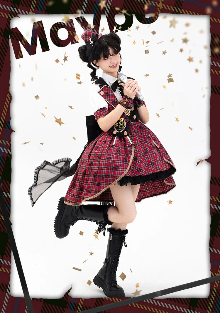 Forest Fluorescent Carps - IP Collab Sweet Lolita Performance Outfit Red Plaid JSK Full Set