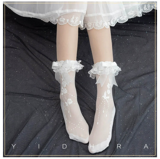 Yidhra - Nightingale and Rose - Gothic Lolita Socks Rose Lace Socks